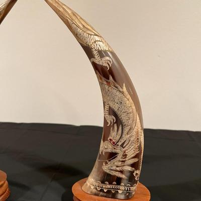 Pair of Carved Water Buffalo Horns with Dragon Design