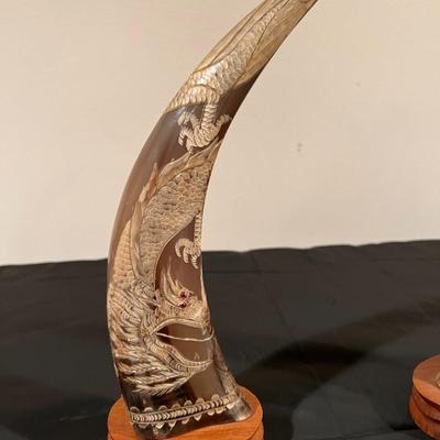 Pair of Carved Water Buffalo Horns with Dragon Design