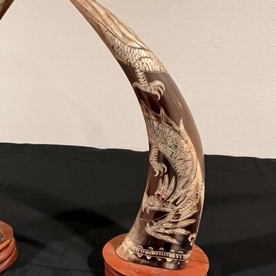 Pair of Carved Water Buffalo Horns with Dragon Design