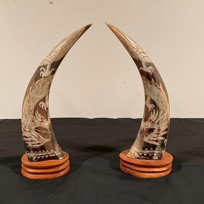 Pair of Carved Water Buffalo Horns with Dragon Design