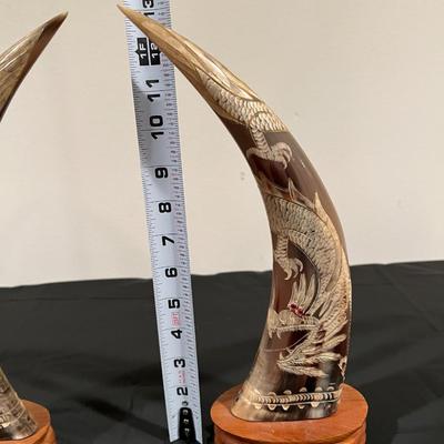 Pair of Carved Water Buffalo Horns with Dragon Design