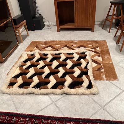 Lot of 2 Mosaic Patchwork Brown and White Fur Hide Rugs