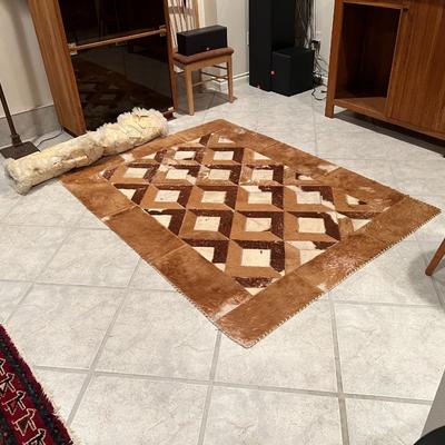 Lot of 2 Mosaic Patchwork Brown and White Fur Hide Rugs