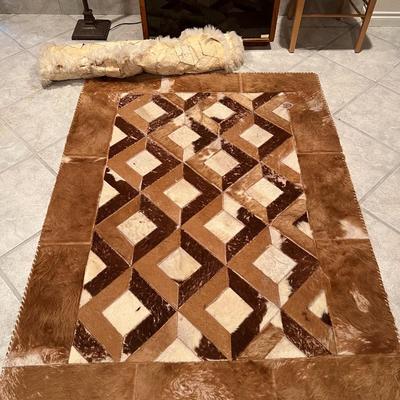Lot of 2 Mosaic Patchwork Brown and White Fur Hide Rugs