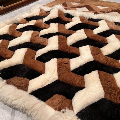 Lot of 2 Mosaic Patchwork Brown and White Fur Hide Rugs