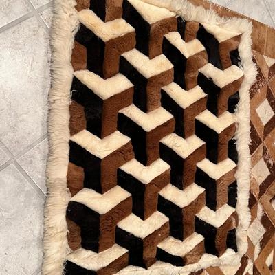 Lot of 2 Mosaic Patchwork Brown and White Fur Hide Rugs