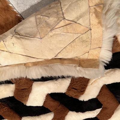 Lot of 2 Mosaic Patchwork Brown and White Fur Hide Rugs