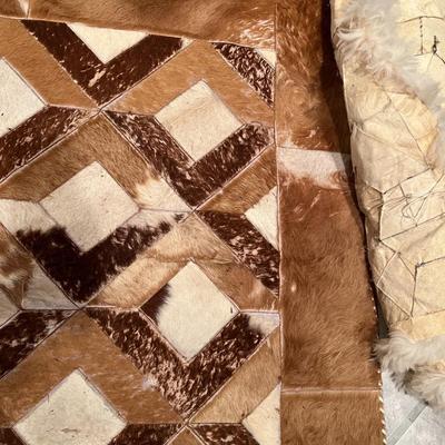 Lot of 2 Mosaic Patchwork Brown and White Fur Hide Rugs