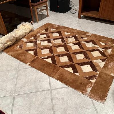 Lot of 2 Mosaic Patchwork Brown and White Fur Hide Rugs