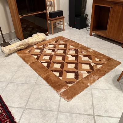 Lot of 2 Mosaic Patchwork Brown and White Fur Hide Rugs