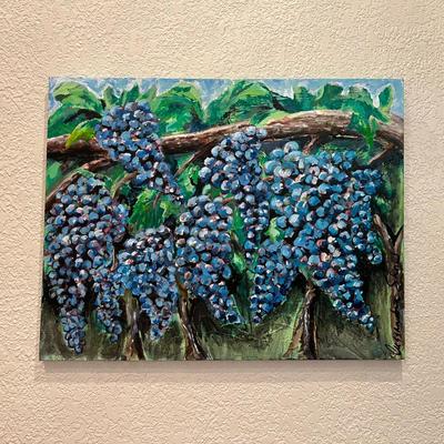 Beautiful Original Painting of Lush Purple Grapes on the Vine Signed Cassandra Shaw