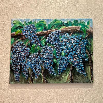 Beautiful Original Painting of Lush Purple Grapes on the Vine Signed Cassandra Shaw