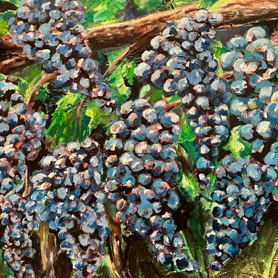 Beautiful Original Painting of Lush Purple Grapes on the Vine Signed Cassandra Shaw
