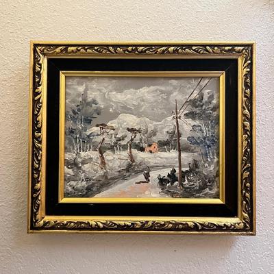 Original Signed Framed Painting Expressionist Scene of Figure Walking Down Road