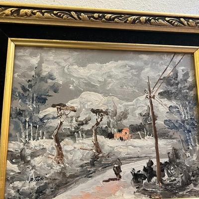Original Signed Framed Painting Expressionist Scene of Figure Walking Down Road