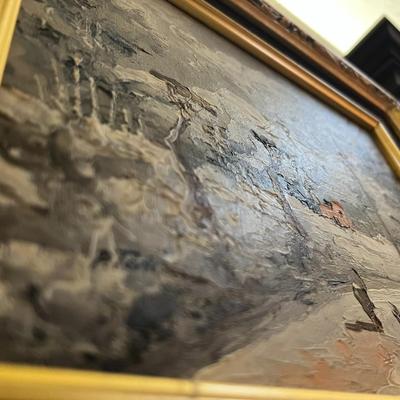 Original Signed Framed Painting Expressionist Scene of Figure Walking Down Road