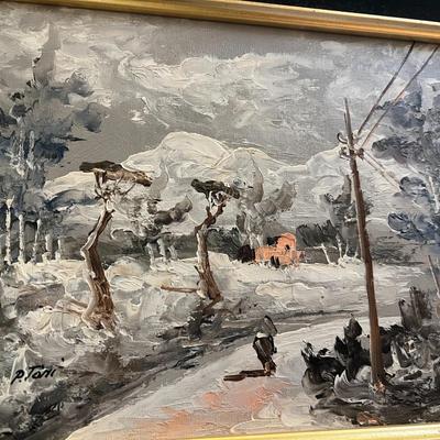 Original Signed Framed Painting Expressionist Scene of Figure Walking Down Road