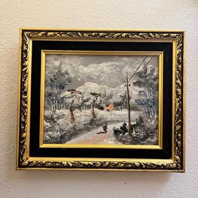 Original Signed Framed Painting Expressionist Scene of Figure Walking Down Road