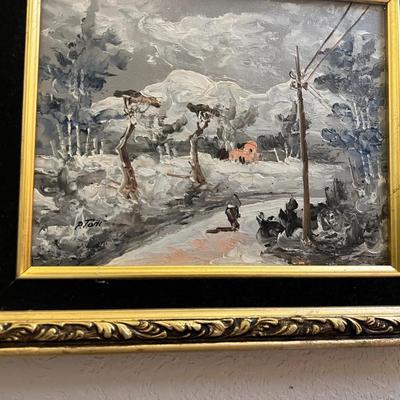 Original Signed Framed Painting Expressionist Scene of Figure Walking Down Road