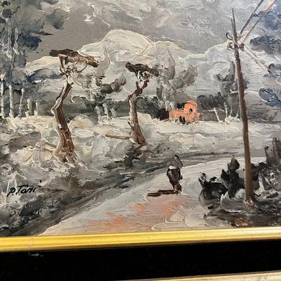 Original Signed Framed Painting Expressionist Scene of Figure Walking Down Road