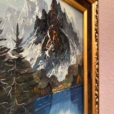 Signed Original Landscape Painting of Mountain and Lake with Partial Snow