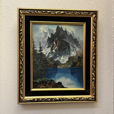 Signed Original Landscape Painting of Mountain and Lake with Partial Snow