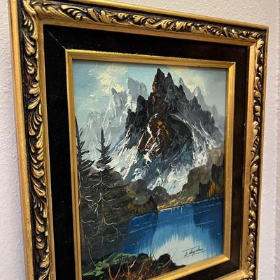 Signed Original Landscape Painting of Mountain and Lake with Partial Snow