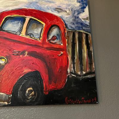 Original Signed Painting of Classic Red Truck by Cassandra Shaw