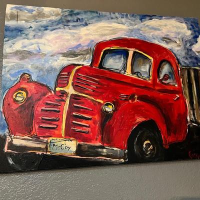 Original Signed Painting of Classic Red Truck by Cassandra Shaw