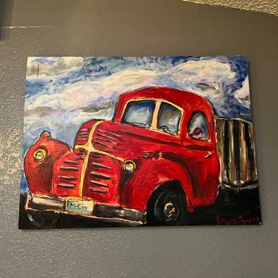 Original Signed Painting of Classic Red Truck by Cassandra Shaw