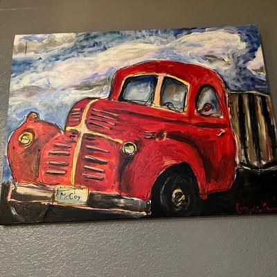 Original Signed Painting of Classic Red Truck by Cassandra Shaw