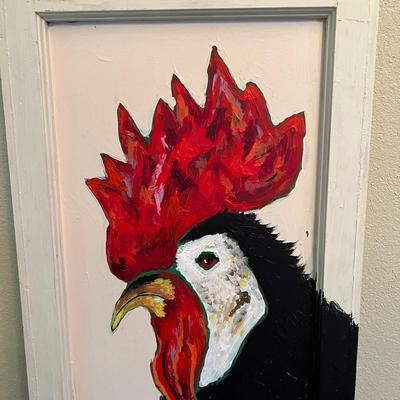 Painted Rooster on Vintage Glass Window