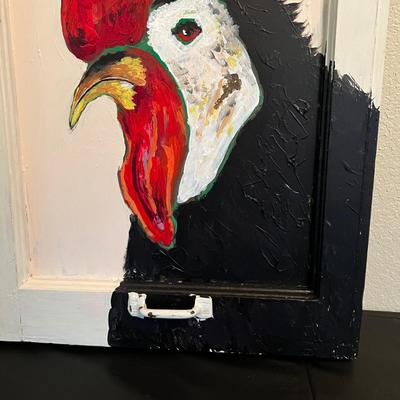 Painted Rooster on Vintage Glass Window