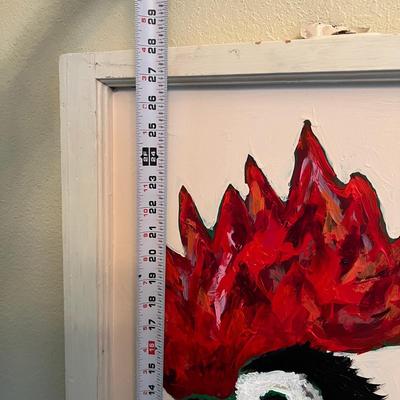 Painted Rooster on Vintage Glass Window