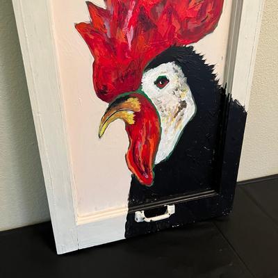 Painted Rooster on Vintage Glass Window