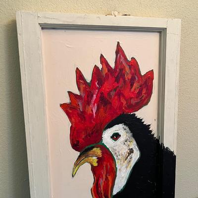 Painted Rooster on Vintage Glass Window