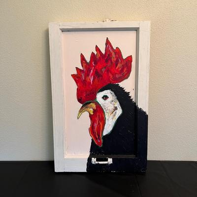 Painted Rooster on Vintage Glass Window