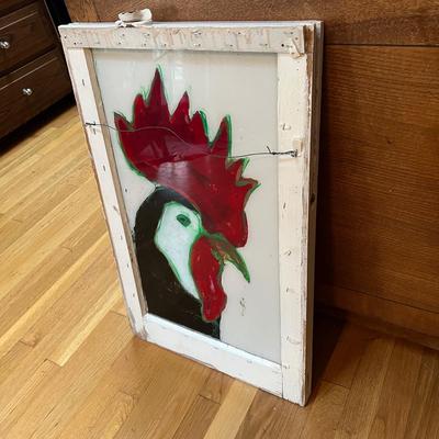 Painted Rooster on Vintage Glass Window