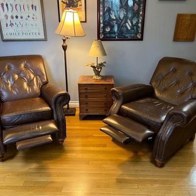 Pair of Brown Tufted Genuine Leather Recliner Chairs