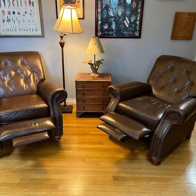 Pair of Brown Tufted Genuine Leather Recliner Chairs