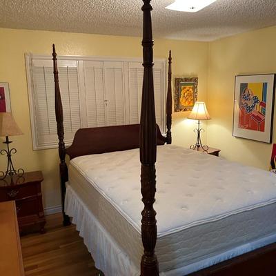Queen Brown Carved Wood Poster Bed with Quality Mattress Set