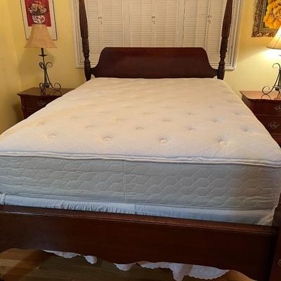 Queen Brown Carved Wood Poster Bed with Quality Mattress Set