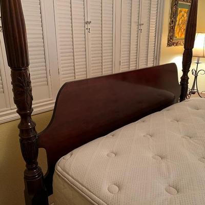 Queen Brown Carved Wood Poster Bed with Quality Mattress Set
