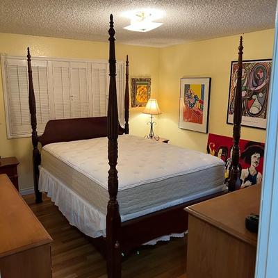 Queen Brown Carved Wood Poster Bed with Quality Mattress Set