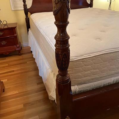 Queen Brown Carved Wood Poster Bed with Quality Mattress Set