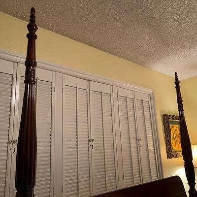 Queen Brown Carved Wood Poster Bed with Quality Mattress Set