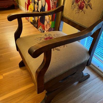 Beautiful Antique Carved Wood and Embroidered Armchair