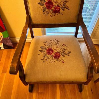 Beautiful Antique Carved Wood and Embroidered Armchair