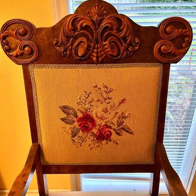 Beautiful Antique Carved Wood and Embroidered Armchair
