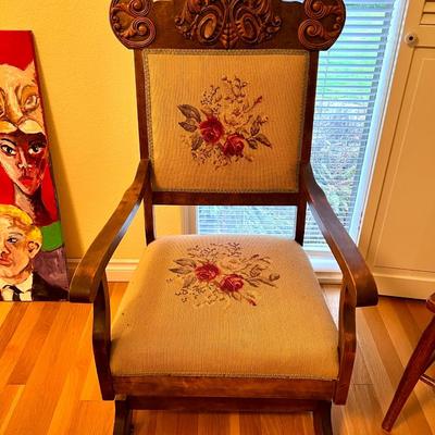 Beautiful Antique Carved Wood and Embroidered Armchair
